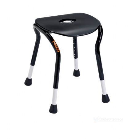 Tabouret douche maniable élégant noir assise ergonomique pieds télescopiques réglables vue trois quarts