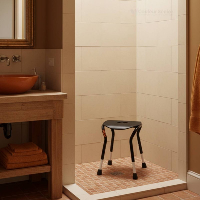 Siège douche confortable et pratique positionné dans douche carrelage beige salle de bain chaleureuse