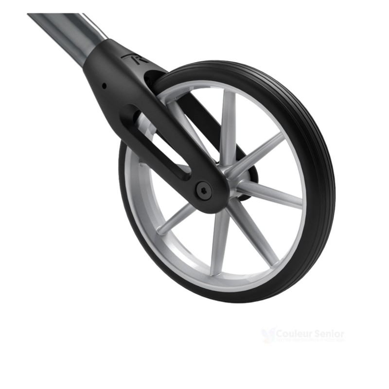 Gros plan roue 20cm aluminium déambulateur lets move maniable tous terrains couleur senior