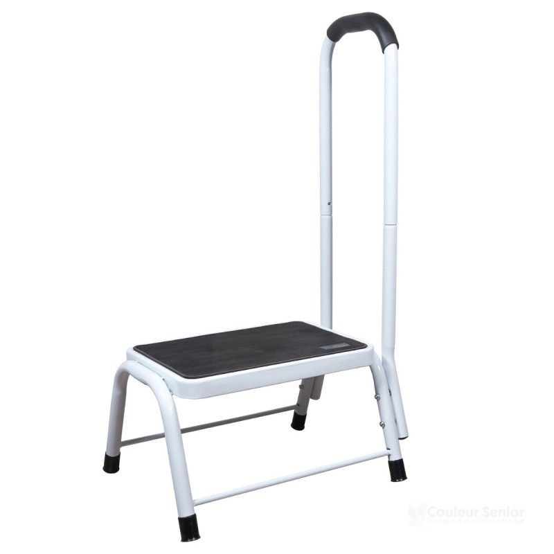 Marchepied sécurité barre appui acier blanc vue face poignée caoutchouc prévention chutes senior