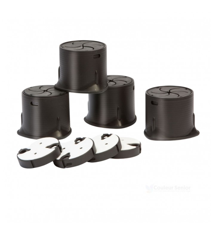 Lot 4 rehausseurs lit noirs réglables 10 à 18 cm avec patins adhésifs inclus fond blanc CouleurSenior