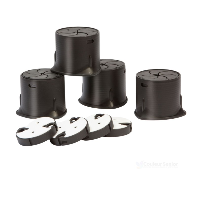 Lot 4 rehausseurs lit noirs réglables 10 à 18 cm avec patins adhésifs inclus fond blanc CouleurSenior