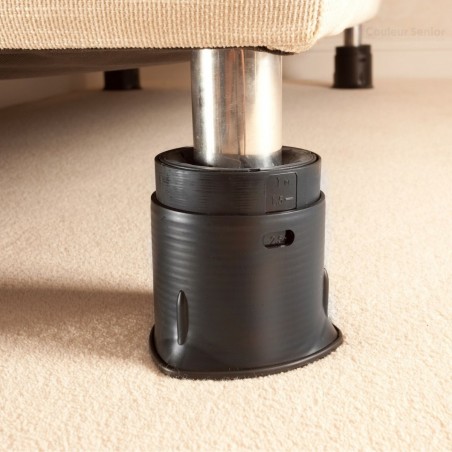 Rehausseur lit noir réglable pied métal canapé moquette beige graduation hauteur visible CouleurSenior