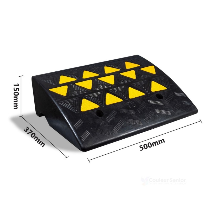 Rampe accès caoutchouc noir jaune dimensions 150x370x500mm seuil PMR fauteuil roulant sécurité CouleurSenior