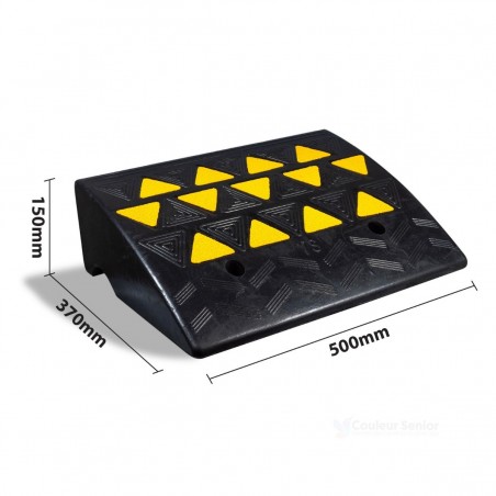 Rampe accès caoutchouc noir jaune dimensions 150x370x500mm seuil PMR fauteuil roulant sécurité CouleurSenior