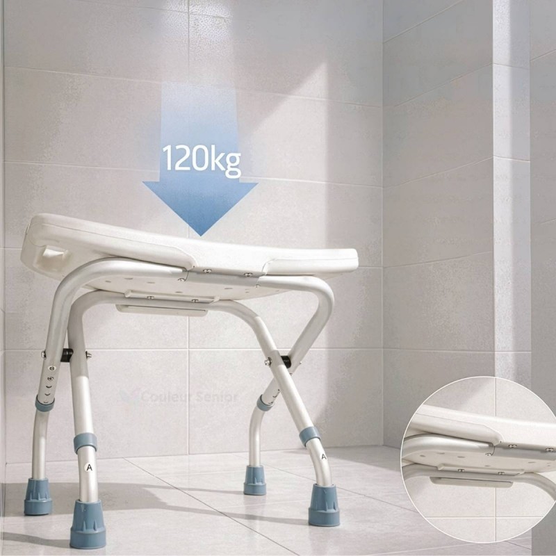 Tabouret de douche ergonomique Aidapt support jusqu’à 100 kg de poids. Stabilité optimale dans la salle de bain.