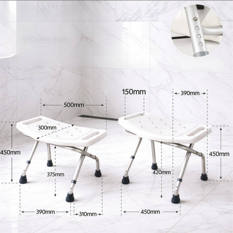 Dimensions du tabouret Aidapt. S'adapte parfaitement à l'utilisateur adulte.