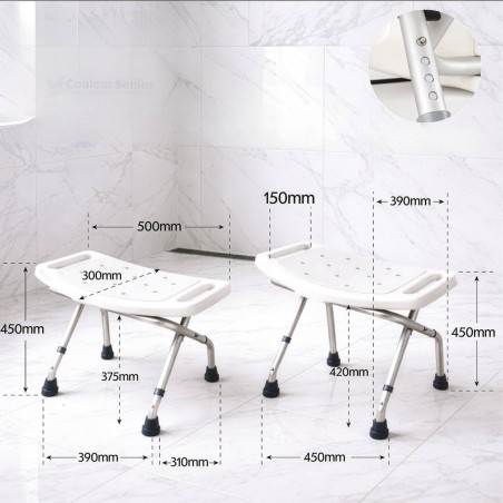 Dimensions du tabouret Aidapt. S'adapte parfaitement à l'utilisateur adulte.