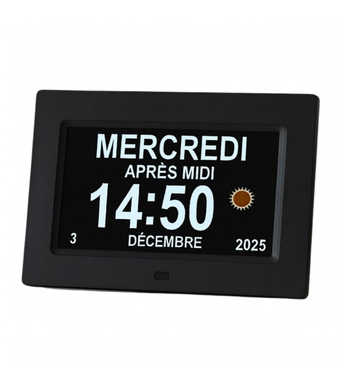 Horloge calendrier numérique Aidapt, écran de face. Lisibilité parfaite pour basse vision.