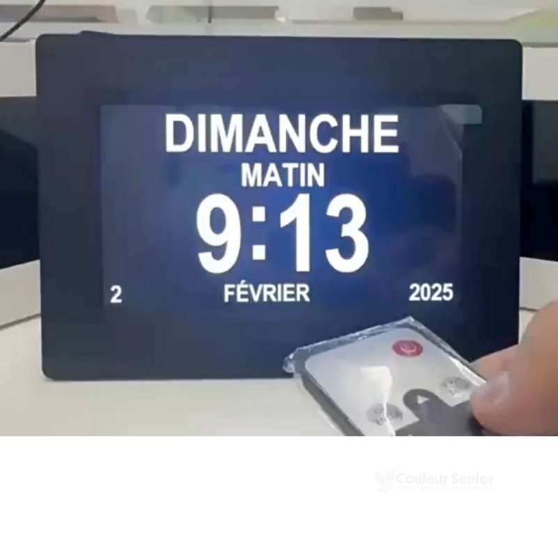 Affichage clair de la date et l'heure. Idéal pour la désorientation et la maladie d'Alzheimer.
