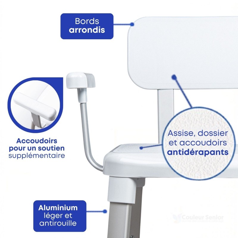 Fauteuil de douche avec d'excellentes finitions antidérapantes aux accoudoirs, au dossier et au siège, idéal pour les seniors.