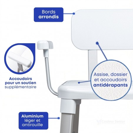 Fauteuil de douche avec d'excellentes finitions antidérapantes aux accoudoirs, au dossier et au siège, idéal pour les seniors.