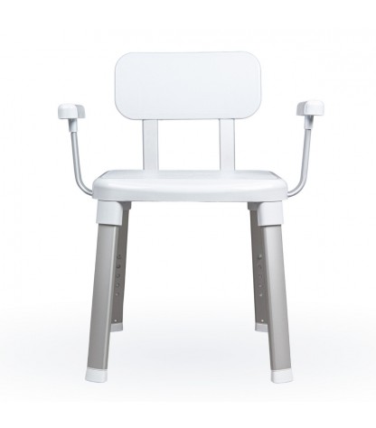 Chaise de douche blanche, de haute qualité, avec dossier et accoudoirs, pour la sécurité et la prévention des chutes.