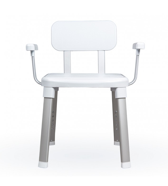Chaise de douche blanche, de haute qualité, avec dossier et accoudoirs, pour la sécurité et la prévention des chutes.