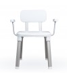 Chaise de douche blanche, de haute qualité, avec dossier et accoudoirs, pour la sécurité et la prévention des chutes.