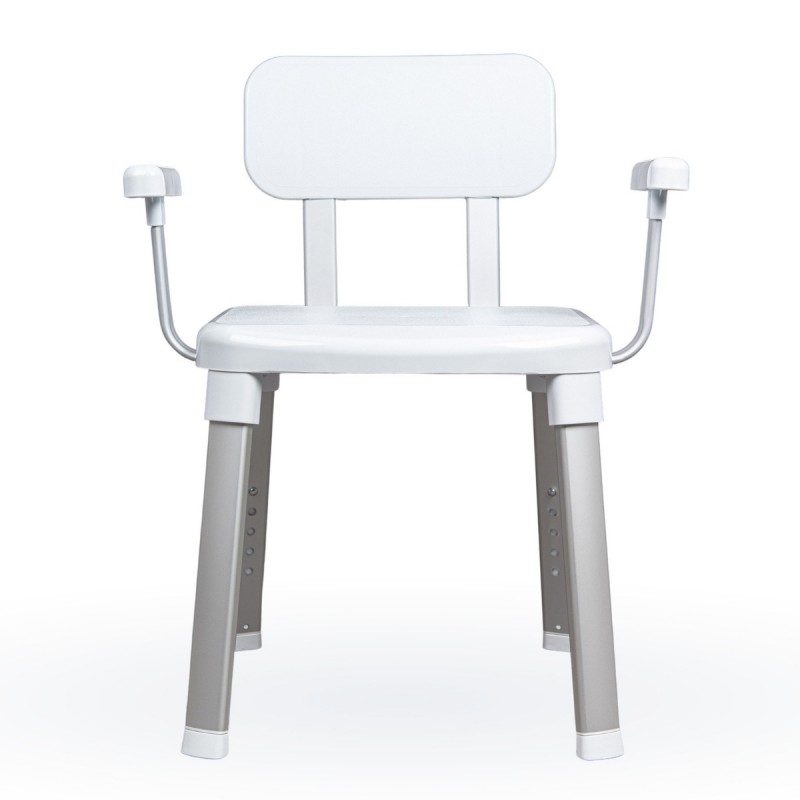 Chaise de douche blanche, de haute qualité, avec dossier et accoudoirs, pour la sécurité et la prévention des chutes.