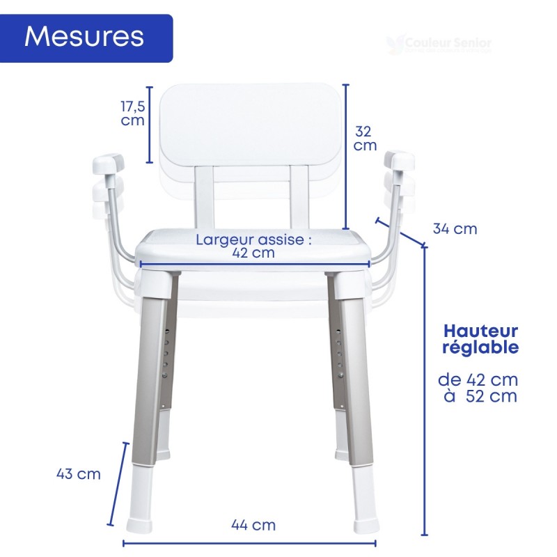 Mesure détaillée de la chaise de douche, avec possibilité de régler l’hauteur en 5 positions.