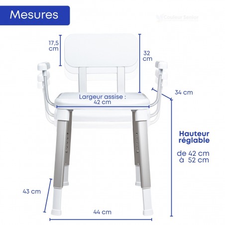 Mesure détaillée de la chaise de douche, avec possibilité de régler l’hauteur en 5 positions.