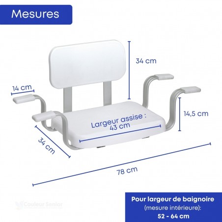 Fiche de dimensions du siège de baignoire avec dossier amovible.