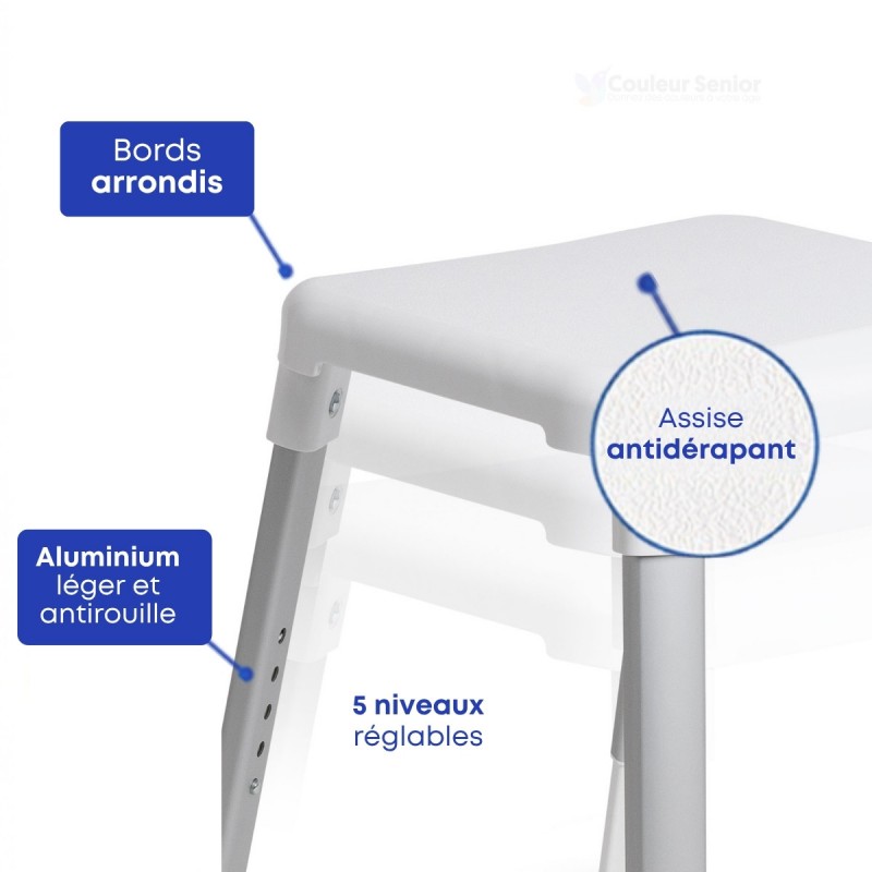 Tabouret de bain blanc haut de gamme, antidérapant pour la sécurité des personnes âgées.