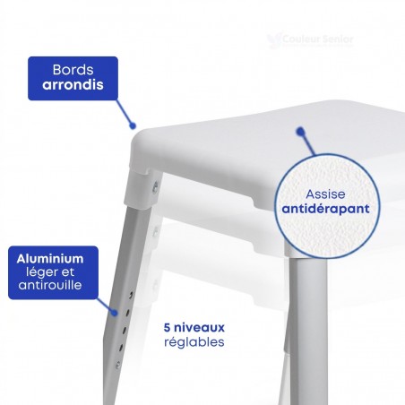 Tabouret de bain blanc haut de gamme, antidérapant pour la sécurité des personnes âgées.