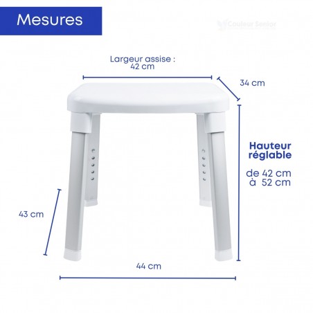Mesures du tabouret de douche blanc élégant, idéal pour les douches seniors afin d’éviter les accidents dans la salle de bains.