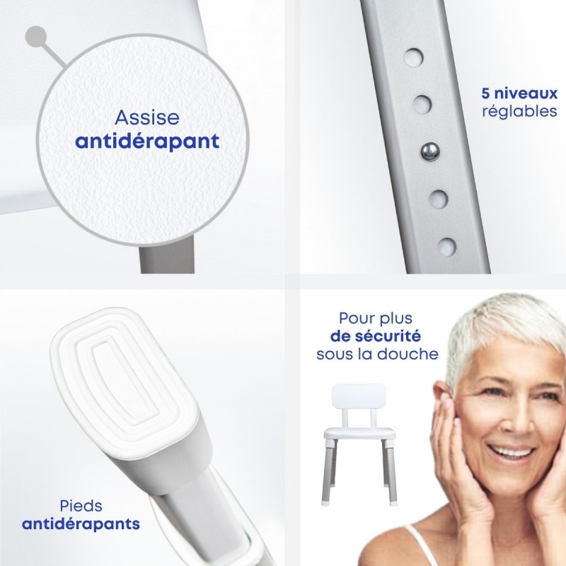 Détails de sécurité du siège de douche réglable en aluminium léger pour seniors.