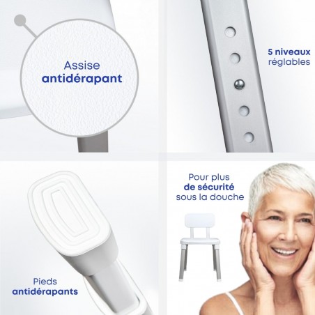Détails de sécurité du siège de douche réglable en aluminium léger pour seniors.