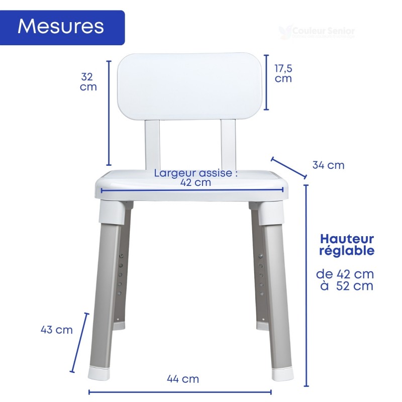 Dimensions détaillées du siège de bain réglable en hauteur, conçu pour le confort des seniors.