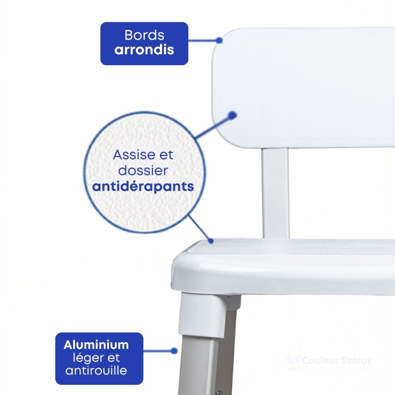 Siège de douche ergonomique à bords arrondis et assise antidérapante pour seniors.