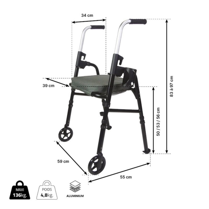 Dimensions du rollator à 2 roues Modulo pour l’intérieur.