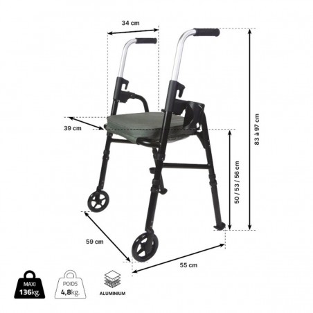 Dimensions du rollator à 2 roues Modulo pour l’intérieur.
