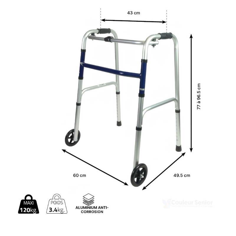 Dimensions du cadre de marche à 2 roues Identités. Autonomie remboursée par la Sécu.