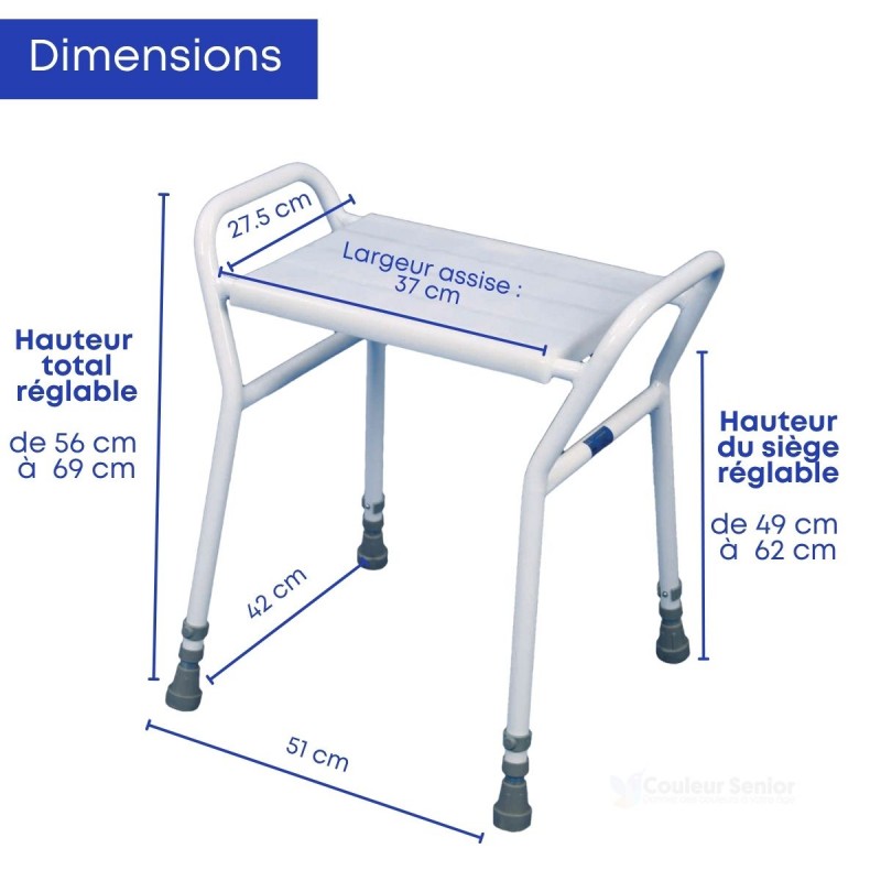 Dimensions du tabouret de douche à pieds réglables en hauteur. S'adapte parfaitement à l'utilisateur senior.