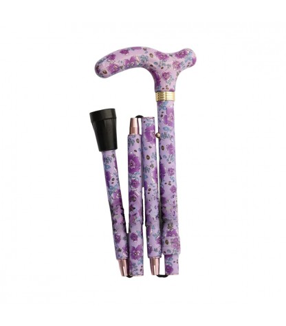 Canne de marche pliable violette à fleurs pour femme romantique. Originale et légère, remboursable pharmacie.