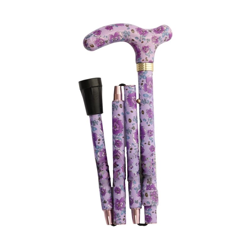 Canne de marche pliable violette à fleurs pour femme romantique. Originale et légère, remboursable pharmacie.