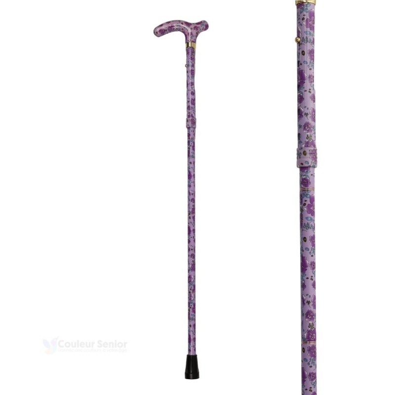 Canne de marche pour femme réglable, motif romantique violet. Idée cadeau originale pharmacie.