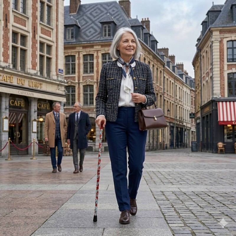 Femme marchant avec assurance, portant une belle canne de marche ornée de fleurs de coquelicot.