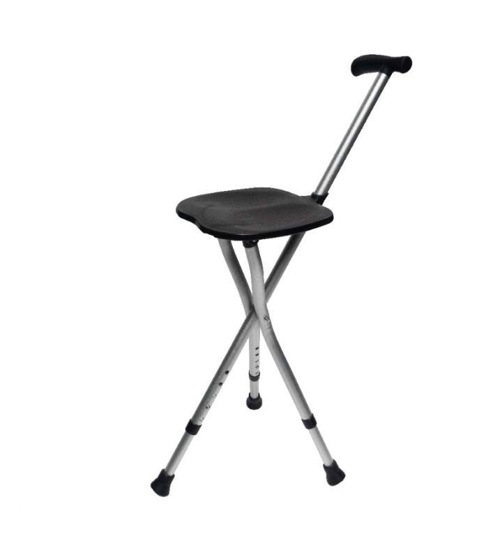 Canne siège pliante Escale dépliée en tabouret trépied, assise noire et trois pieds en aluminium