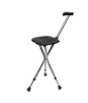 Canne siège pliante Escale dépliée en tabouret trépied, assise noire et trois pieds en aluminium