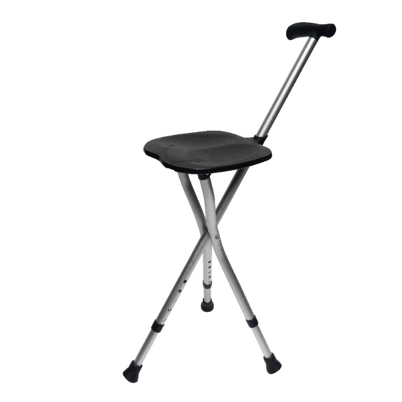 Canne siège pliante Escale dépliée en tabouret trépied, assise noire et trois pieds en aluminium