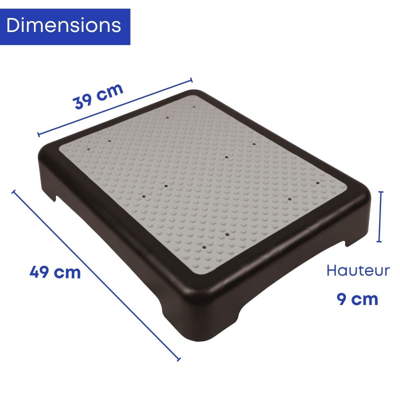 Dimensions du marchepied  large avec surface sécurisée de 49x39 cm et hauteur de 9 cm