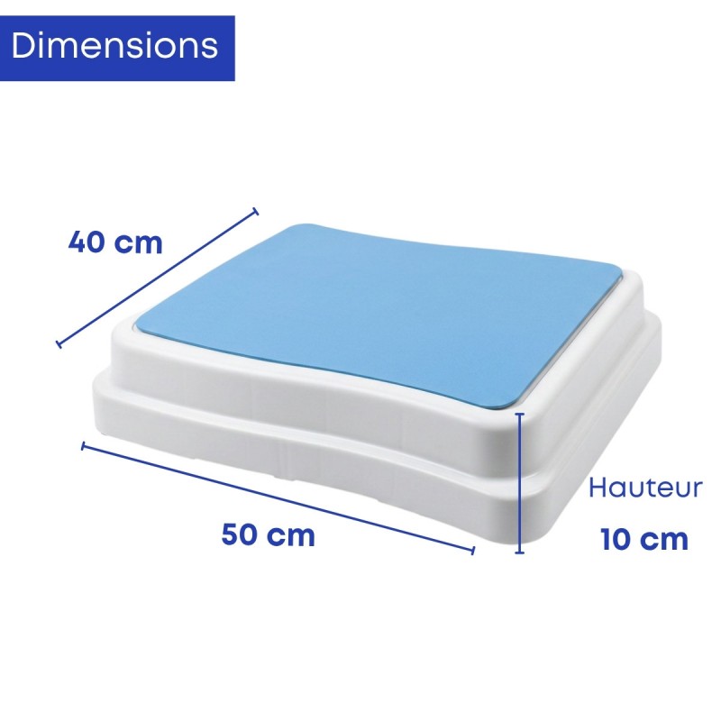 Marchepied pour salle de bains : dimensions, capacité de charge de 150 kg, vue technique.