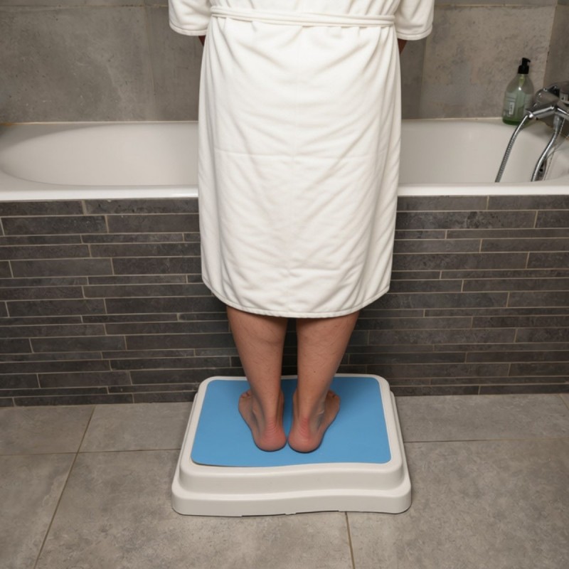 Senior utilisant un marchepied pour accéder au bain : excellente prévention des chutes.