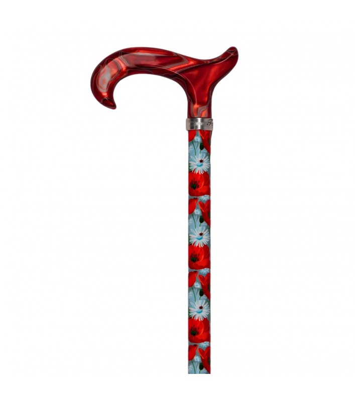 Motif de coquelicots sur une canne de marche réglable rouge, poignée Derby élégante pour femme.