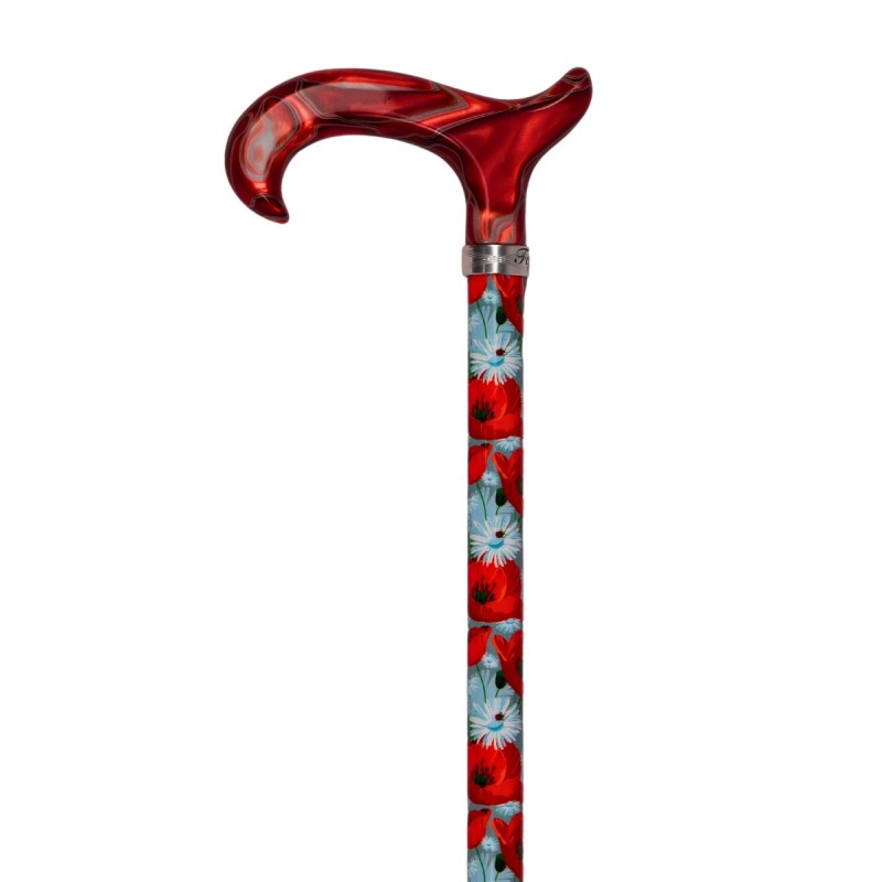 Motif de coquelicots sur une canne de marche réglable rouge, poignée Derby élégante pour femme.