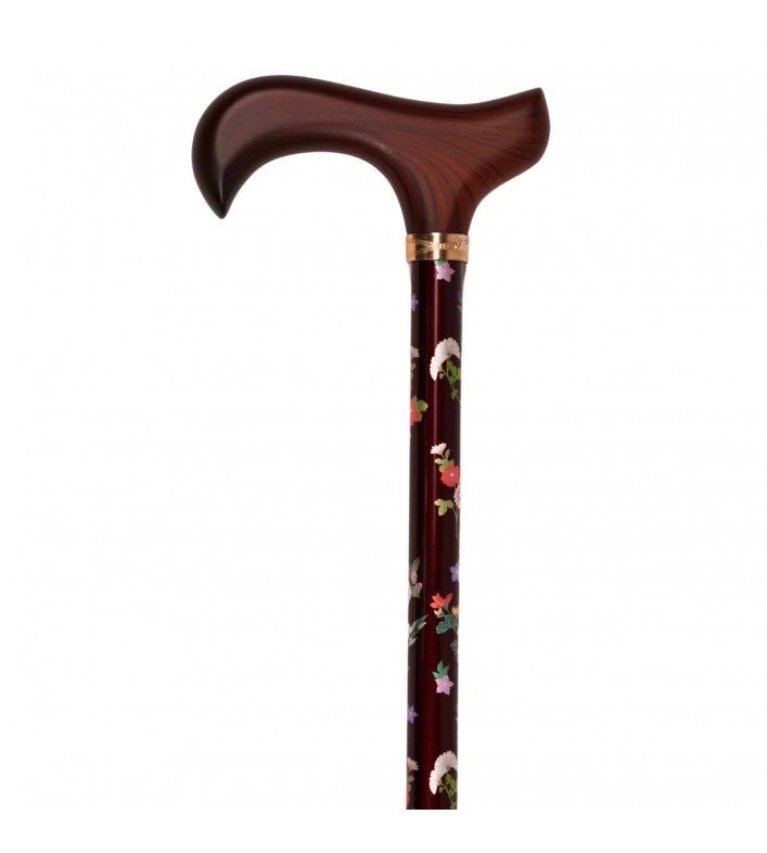 Canne de marche réglable, sobre, motif fleuri sur fond marron. Sutile et élégante.