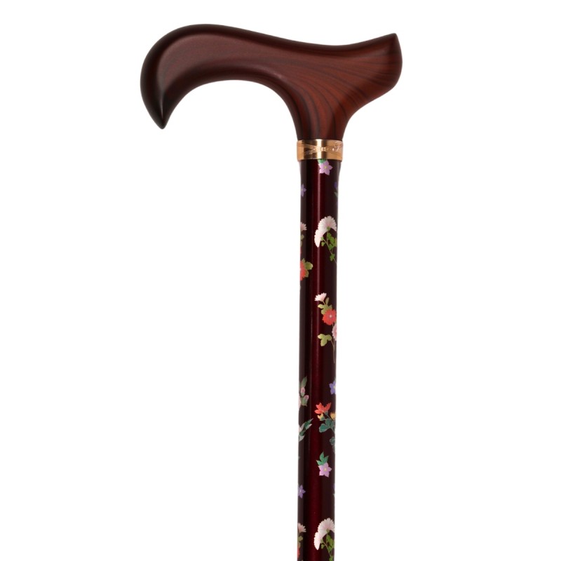 Canne de marche réglable, sobre, motif fleuri sur fond marron. Sutile et élégante.
