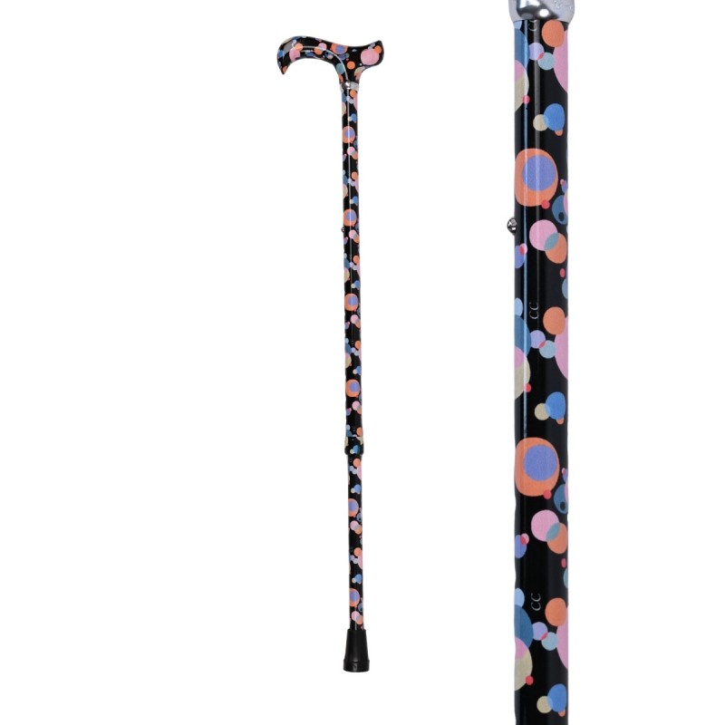 Canne de marche noire fantaisie, cosmos moderniste orangé et blanc avec poignée Derby réglable.