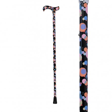 Canne de marche noire fantaisie, cosmos moderniste orangé et blanc avec poignée Derby réglable.